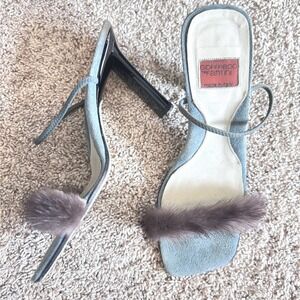 Vintage Goffredo Fantini Blue Suede Mink Fur Sandals Made in Italy SZ 37 (6.5)
